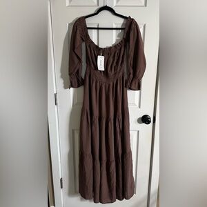 ZESICA Chocolate Long Off Shoulder Sleeve Dress
